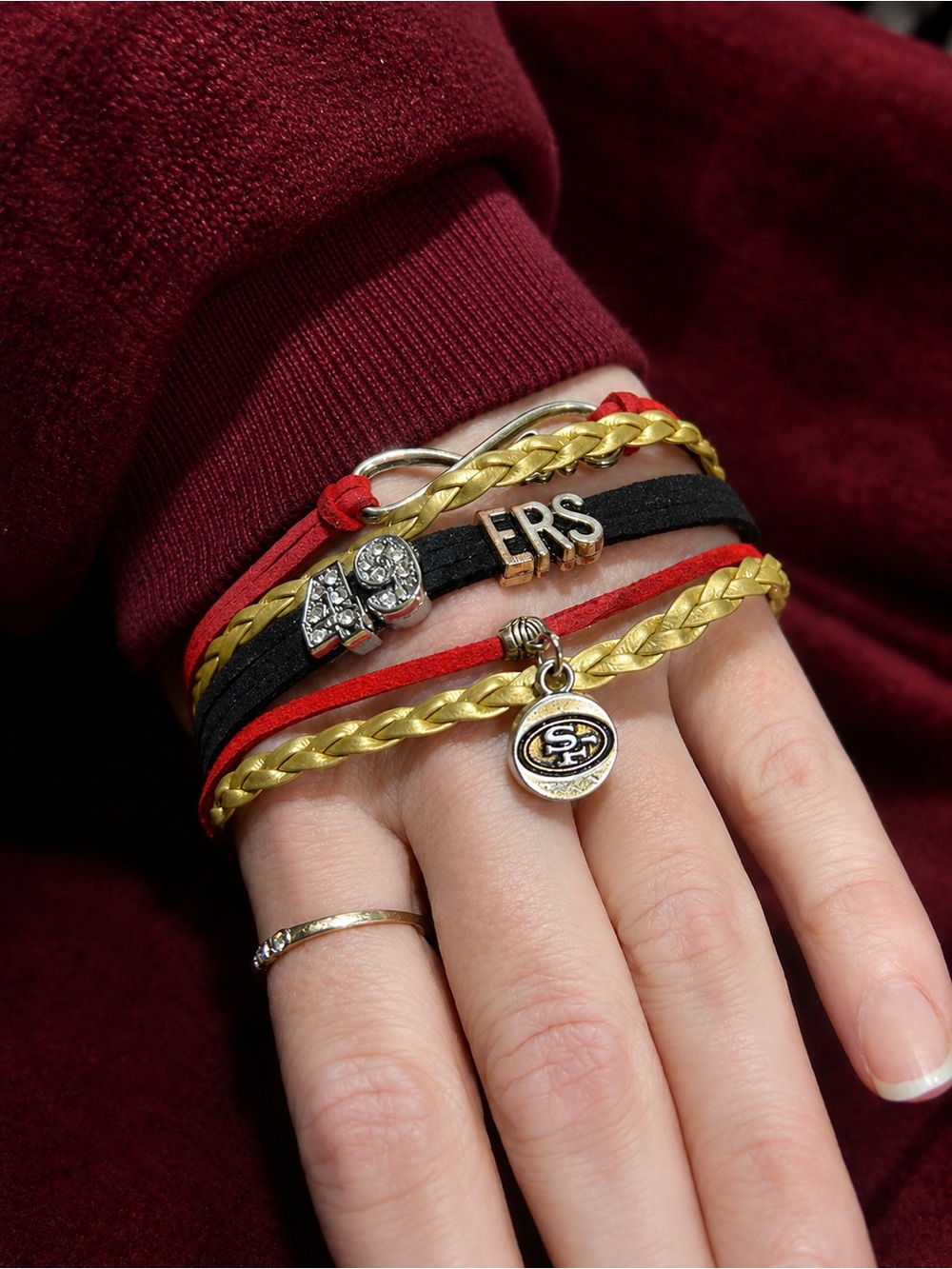Layered Gold, Red & Black Charm Bracelet Set